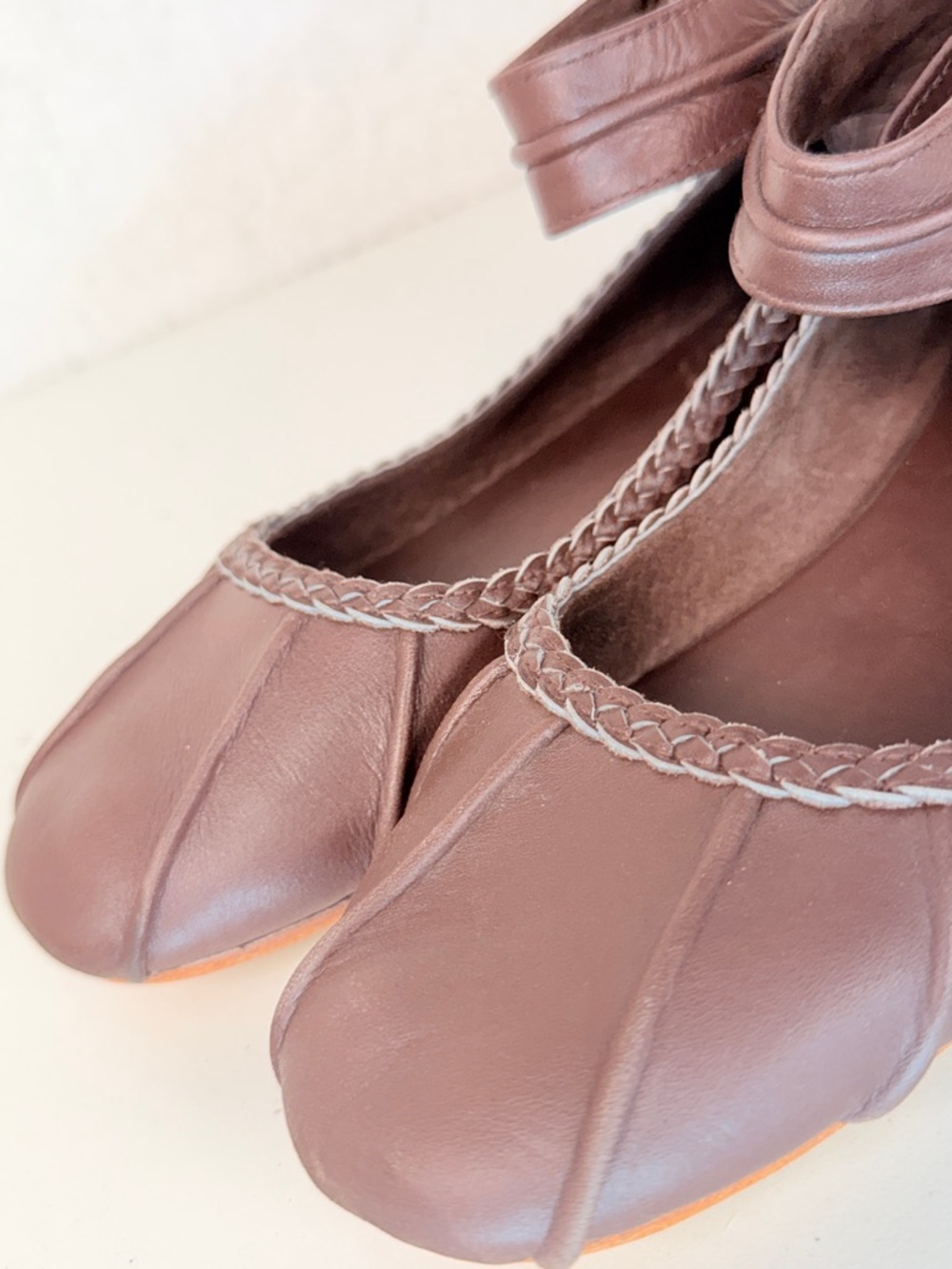Women's Brown Ankle-Strap Leather Ballet Flats - Picture 6 of 15